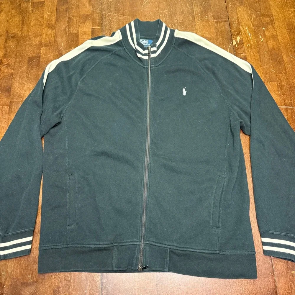 Vtg Polo Ralph Lauren Track Jacket Mens XXL Black White Stripe Full Zip Cotton